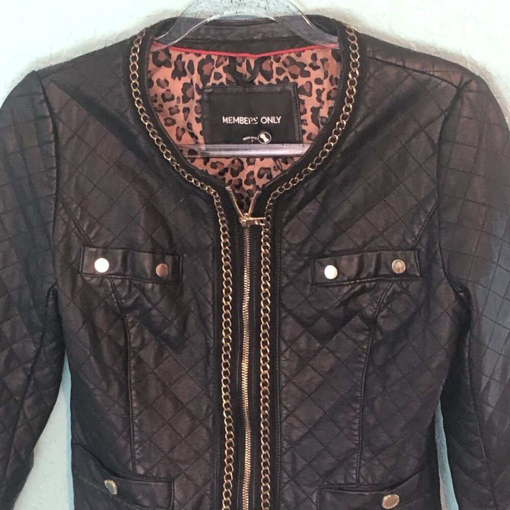 Members Only Womens Zip Front Moto Jacket Small Black Gold Tone Chain Link FLAWS - Picture 2 of 13